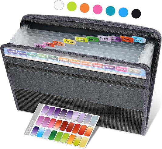 Sooez Accordion File Organizer with Safe Zipper, 12 Pocket Expanding File Folder with Front Pencil Pouch, Portable Monthly Paper Bill Tax Receipt Organizer, School Office Supplies, Letter Size, Grey