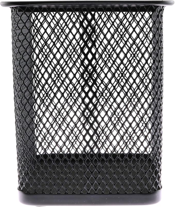 1-Pack Mesh Pen Holder Square Shape Pencil Container Multipurpose Metal Hollow Out Desktop Storage Organizer for Student Stationery Office Supplies(Black)