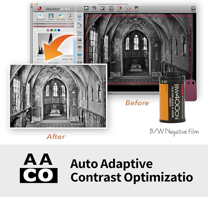 Plustek OpticFilm 8200i AI - 35mm Film & Slides Scanner. IT 8 Calibration Target + SilverFast Ai Studio 9, 7200 dpi Resolution 64Bit HDRi , Mac/PC
