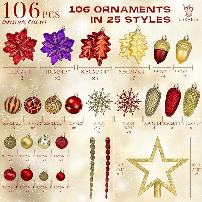 LARAINE Christmas Balls Ornaments 106 Pcs Decorations for Christmas Tree, Shatterproof Hanging Ball Variety Gift Set of Holiday Party Wedding Decoration (Red&Gold)