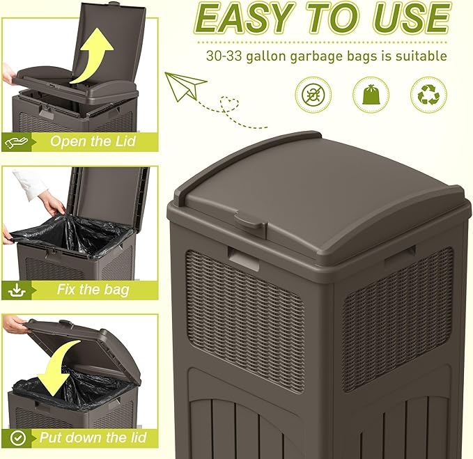 Greesum 33 Gallon Outdoor Trash Can with Lid, Waterproof Resin Garbage Bin for Hideaway, Deck, Patio, 4 Pack, Dark Brown