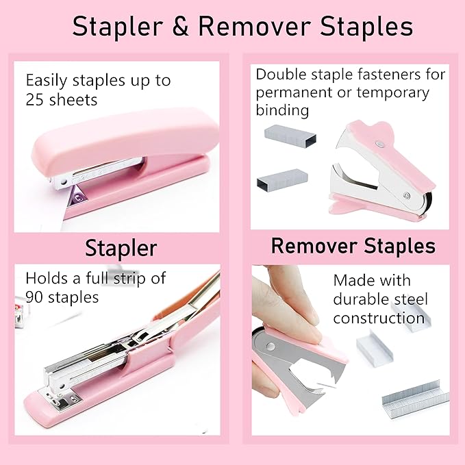 Pink Office Supplies, Pink Desk Accessories, Stapler, Staple Remover, Tape Holder, Pen Holder, Ballpoint Pen, Scissor, Binder Clips, Paper Clips and 1000pcs Staples.