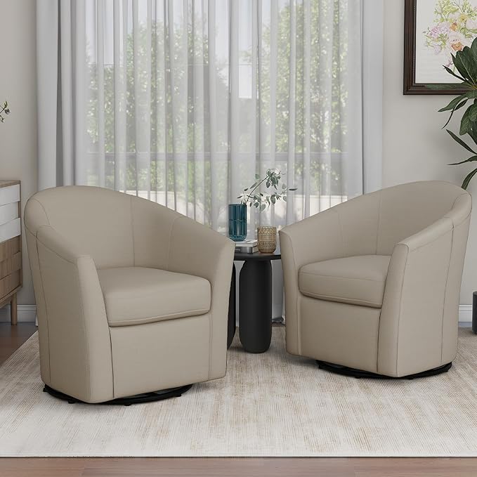 UIXE 360° Swivel Barrel Accent Chairs Set of 2, Modern Round Arm Chair Upholstered Club Armchair, Single Sofa Seating in Fabric for Living Room, Bedroom (Flax Brown)