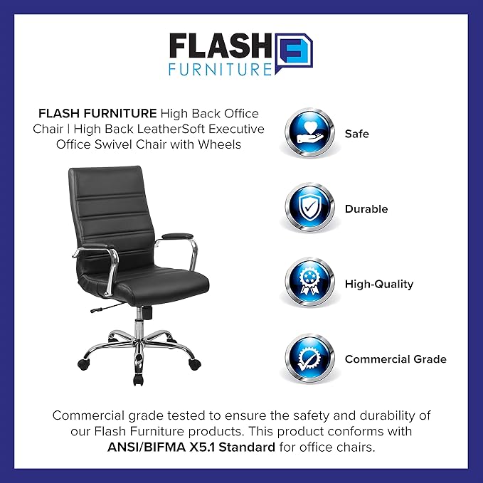 Flash Furniture Whitney High-Back Swivel LeatherSoft Desk Chair with Padded Seat and Armrests, Adjustable Height Padded Office Chair, Black/Chrome