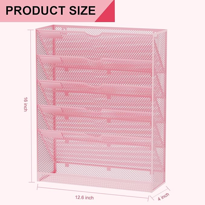 Hanging Wall File Organizer 6 Tier Wall Mounted Mail Paper Folder Holder Document Organization Stand, Vertical Desk Magazine Rack for Office Home Cubicle Countertop, Pink