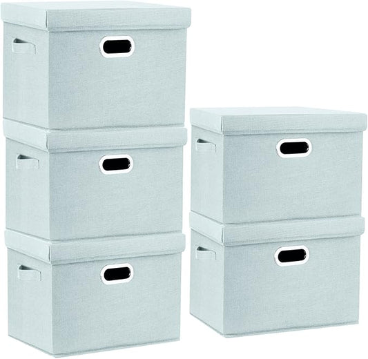 TYEERS Large Storage Bins with Lids, Collapsible, Washable, Fabric Storage Boxes for Organizing, 17.3x11.8x11.4 inches, 5 Pack, Aqua Spring