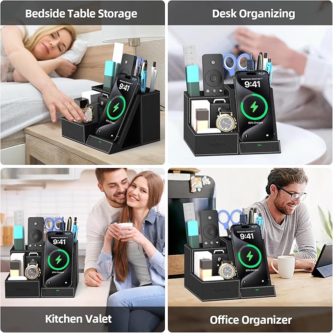 TopMade Wireless Charger with Desk Nightstand Organizer, PU Leather Pen Pencil Holder Fast Charging Station, Office Supplies for Iphone Charging Stand, Anniversary Birthday Gifts for Men(Black)