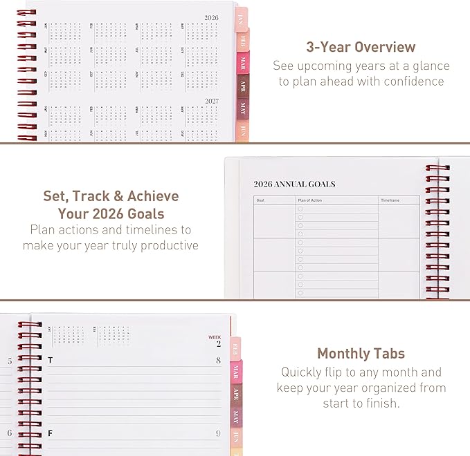 Rileys 2026 Planner, Agenda Planner With Weekly And Monthly View, Daily Agenda Book And Yearly Planners Calendar Book, Spiral Bound With Tabs, Notes, Goals And Holidays (Float, Pink, 8 x 6 in)