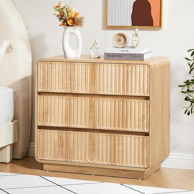 Turtle&Myrtle Fluted 3 Drawer Dressers for Bedroom, 31.5" Wide Large Mid Century Modern Nightstand W/3 Storage Drawers, Wood Dresser & Chest of Drawers with Curved Profile for Living Room (Natural)