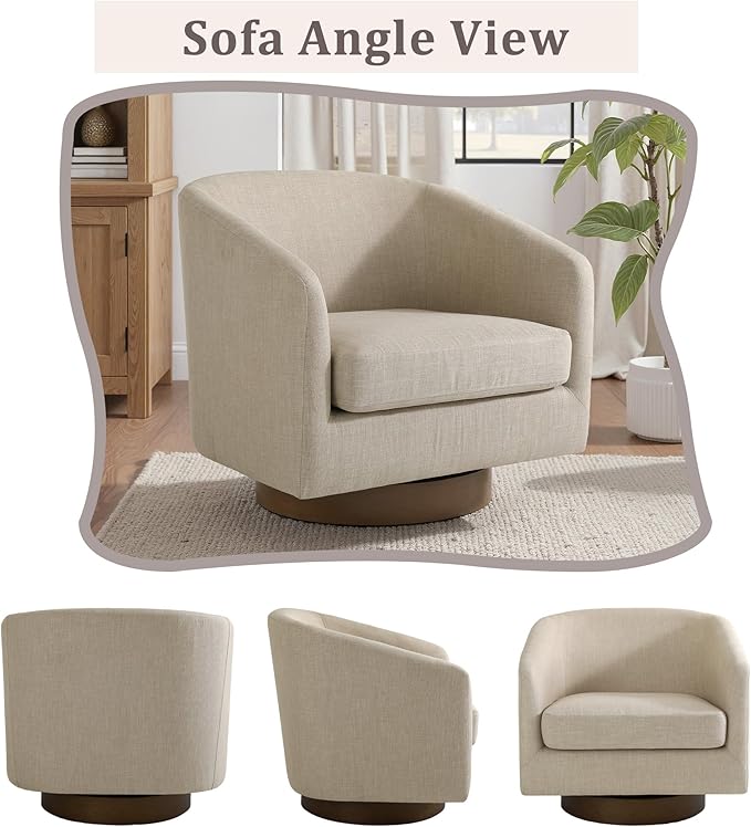 UIXE Swivel Accent Chair with Wood Base, Fabric Upholstered Barrel Chairs for Living Room, Comfy Round Armchair Single Sofa Bedroom Reading Seat - 31" W, Light Brown