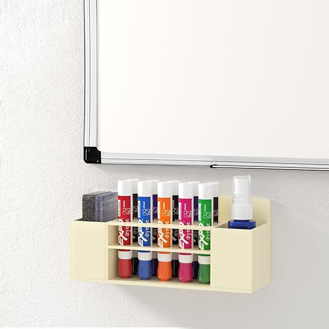 Magnetic Dry Erase Marker Holder Wall Mount, Acrylic 10 Slots Whiteboard Marker Holder for School, Office and Home, Eraser, Marker and Whiteboard Cleaner Not Included, Beige
