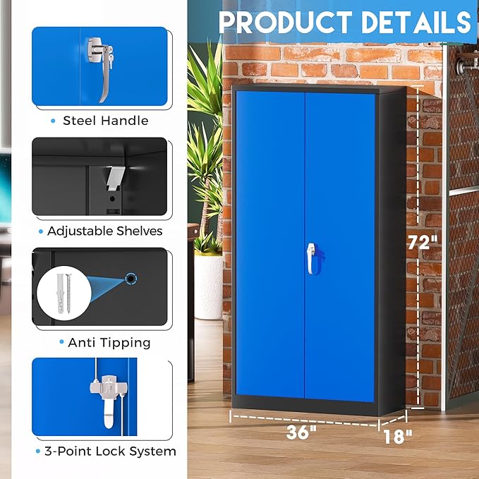 Greenvelly Metal Garage Storage Cabinet,72" Steel Storage Cabinets with Doors and Adjustable Shelves, Metal Tool Cabinets, Locking File Cabinet for Home Office, Garage, School (Black Blue36 Wx18 D)