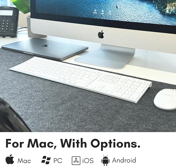 Macally Wireless Bluetooth Keyboard for Mac - Compatible Apple Keyboard or MacBook Pro/Air, iMac - Multi-Device, Up to 3 Devices with 110 Keys, 20 Shortcuts, Numeric Keypad, and Rechargeable - White