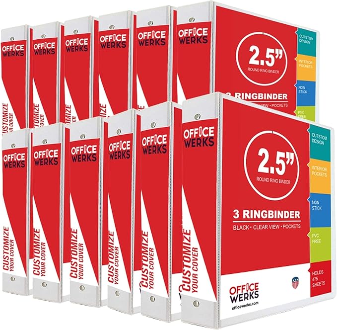 Performore 3 Ring Binder, 2.5" Professional Round Ring, Presentation Folder for Standard Pages with Inside Pockets, Customizable Clear View White Binder (12 Pack) - Ideal for Office Supplies