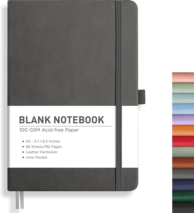 RETTACY Blank Journal Notebook, 192 Pages, A5 Medium Size (5.7'' x 8.3''), Leather Hardcover, 100 GSM Thick Paper, for Sketching, Drawing, Painting (Gray)