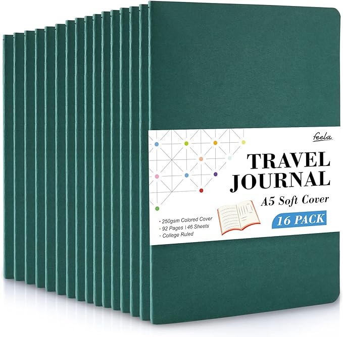 16 Pack Soft Cover Journal Bulk, Feela Lined Notebooks College Ruled for Work for Women Girl Writing, Blank Travel Journal Note Taking Notebook School Business Supplies, 8.2” x 5.5”, A5, Dark Green