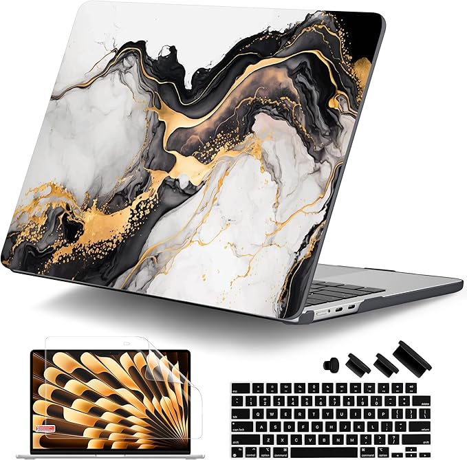 DONGKE Compatible with M4 MacBook Air 15 inch Case 2025 2024 2023 A3241 A3114 A2941 M3 M2 Liquid Retina Display Touch ID, Plastic Hard Case & Keyboard Skin & Screen Protector - Golden Marble