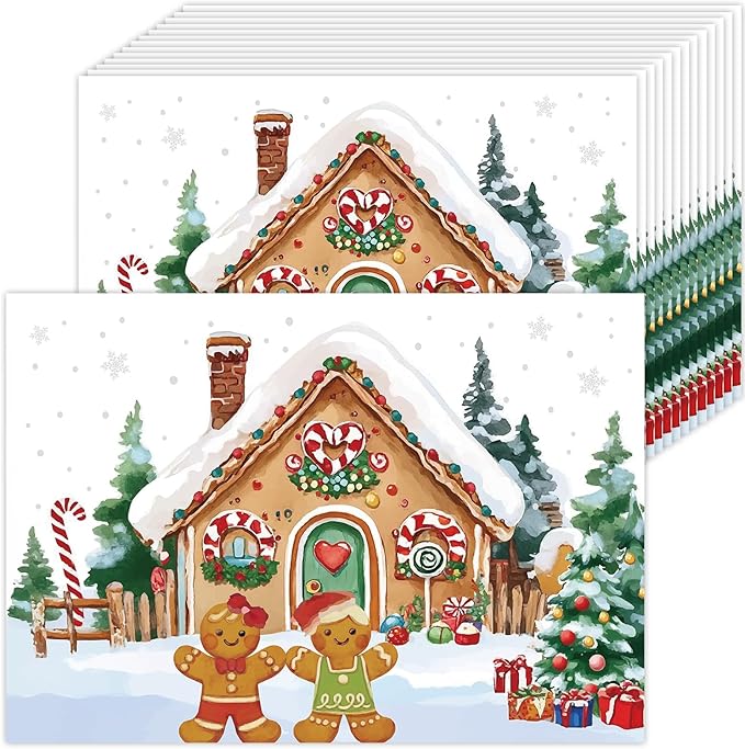 50 Pack Gingerbread Man Christmas Paper Placemats,16x 11 Inch Gingerbread Candy Cane Disposable Placemats Xmas Decorative Dining Table Mats for Kitchen Winter Holiday Christmas Party Supplies