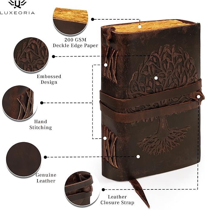 LUXEORIA Leather Journal for Women and Men, 200 Pages - 5"x7", Travel Dairy, Unlined Women's Notebook, Tree Of Life Sketchbook for Drawing, Writing- Antique Deckle Edges Handmade Paper, Vintage Brown