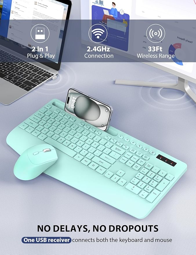 Wireless Keyboard and Mouse Combo - Full-Sized Ergonomic Keyboard with Wrist Rest, Phone Holder, Sleep Mode, Silent 2.4GHz Cordless Keyboard Mouse Combo for Computer, Laptop, PC, Mac, Windows (Green)