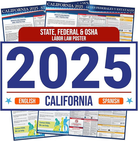 2025 California State and Federal Labor Law Poster - English Spanish Combo Pack - OSHA Workplace Compliant - Mandatory Regulations Posting for Employees - All-In-One Required Compliance Posting 16" x 40" Laminated (Combo)