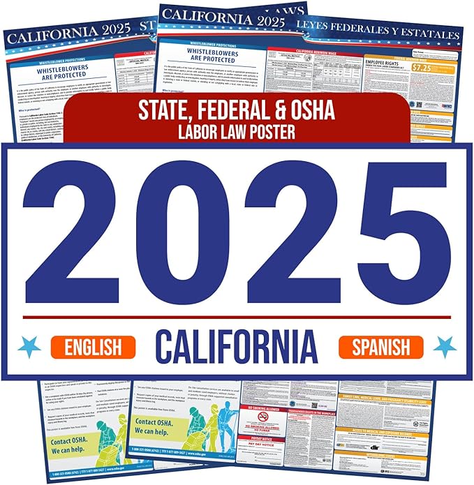 2025 California State and Federal Labor Law Poster - English Spanish Combo - OSHA Workplace Compliant - Mandatory Regulations Posting for Employees - All-in-One Required Compliance Posting 16" x 40" Laminated (Combo)