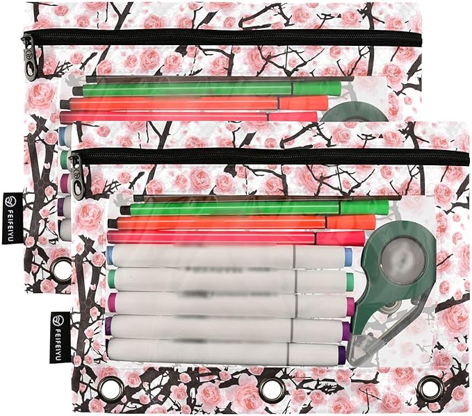 ALAZA Pencil Pouch for 3 Ring Binder, Flowers Cherry Blossom Binder Pencil Pouches with Clear Window Zipper Pencil Case Cosmetic Bags for Office College Supplies, 2PCS