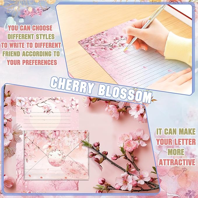 TaoBary 160 Pcs Stationery Paper Set 50 Double Sided Stationery Papers with 50 Matching Envelopes and 60 Round Dot Sticker, 10 Design(Cherry Blossom,5.5 x 8.25 Inch)