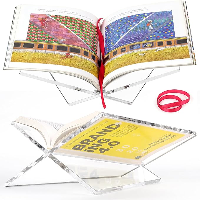 Large Clear Acrylic Book Stand for Reading and Display, Foldable Book Holder for Cookbooks, Art Books, Bibles, Magazines Open Book stand for Kitchen, the front stopper helps prevent books from sliding