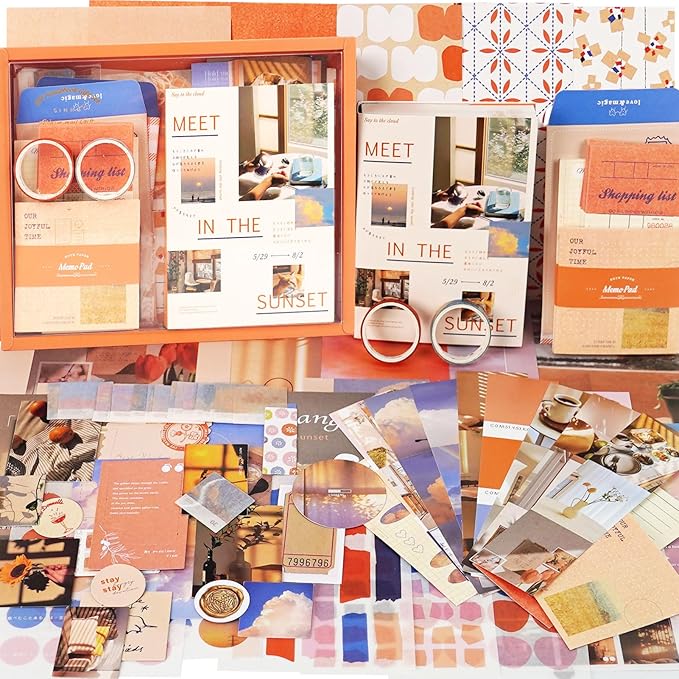 Funto Scrapbooking Kit(155 PCS), Warm Mail Series-Until Sunset, Perfect for Bullet Scrapbooking Materials, Planner DIY Arts Craft Collage