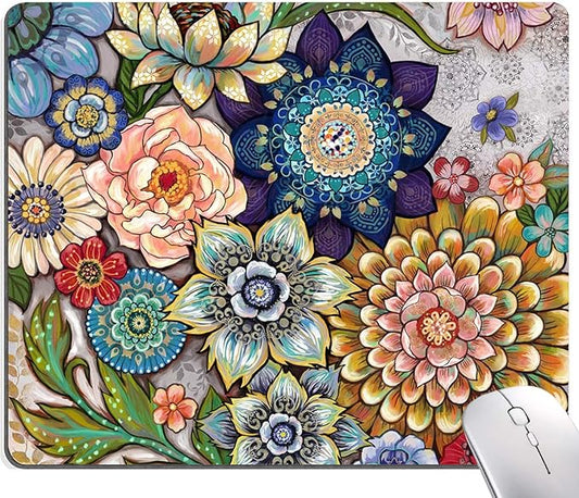 Mouse Pad, Abstract Floral Mouse Pad, Premium-Textured Computer Mouse Mat Square Waterproof Non-Slip Rubber Base Mousepad, Boho Flowers