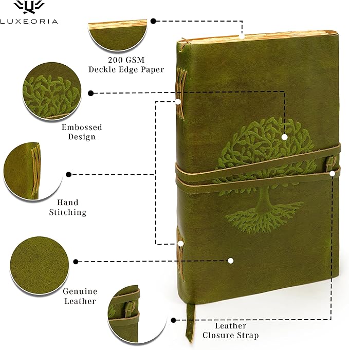 LUXEORIA Tree Of Life Leather Journal for Women and Men, Handcrafted Leather Journal for Writing Womens, Sketchbook, Travel Diary with Unlined Deckle Paper, Mint Green 8x13
