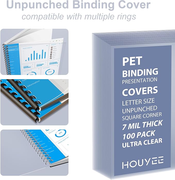 HOUYEE 100 Pack Ultra Clear Binding Presentation Covers, Clear Report Covers, Polythylene Terephthalate,7 Mil,8-1/2 x 11 Inches, Letter Size