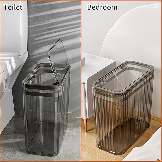 Bathroom Trash Can with Lid, 3.5 Gallon/15 Liter Small Wastebasket with Press Top Lid, Plastic Garbage Can with Pop-Up Lids, Slim Trash Bin Clear Garbage Container Bin for Bathroom, Kitchens