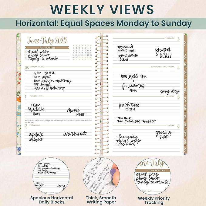 bloom daily planners 2025-2026 Academic Year Daily Planner (July 2025 - July 2026) - A5 Weekly & Monthly Calendar, Cute Floral Agenda Organizer Book with Stickers - 5.5" x 8.25" - Garden Party, Beige