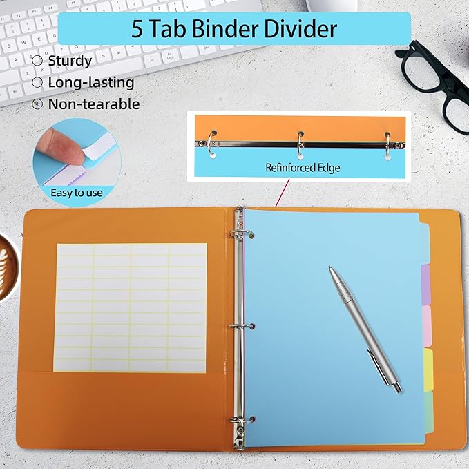 5 Tab Binder Dividers with Tabs,for 3 Ring Binder,Plastic File Dividers, Pastel Color,Letter Size,6 Sets