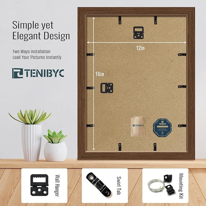 12x16 Picture Frame 4 Pack - Brown, Natural Wood Grain, HD Tempered Glass, 12 x 16 Photo Frame for Wall