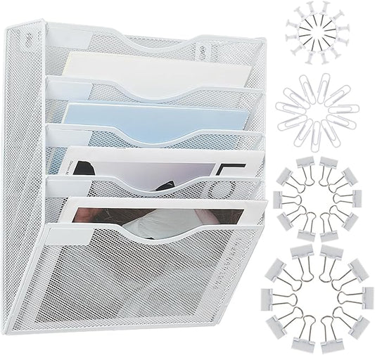 Hanging Wall File Organizer with Office Assorted, 5 Pockets Mesh Wall Mounted File Folder Holder for Mail, Paper, Document, Binder, Magazine, Menu (White)