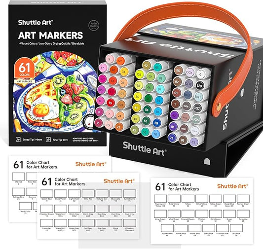 Shuttle Art 61 Colors Alcohol Markers, 60 Colors Dual Tip Art Marker Set Plus 1 Colorless Blender with Marker Case Perfect for Illustration Students Adult Coloring Sketching
