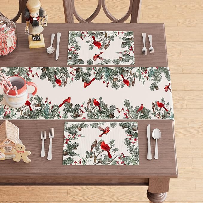 XCHI Cardinal Birds Winter Pine Tree Christmas Xmas Placemats Set of 8 Table Mats for Party Home Kitchen Dining Table Decorations 12x18 Inch