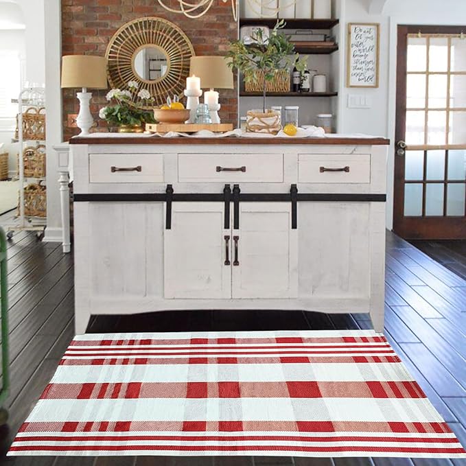 Christmas Door Mat Outdoor 3' x 5' Red and White Plaid Rug Christmas Decor Rug Cotton Hand-Woven Layered Door Mats Washable Carpet for Front Porch, Kitchen, Farmhouse, Entryway (3' x 5')