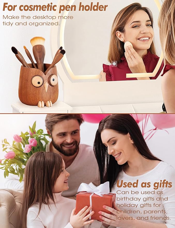 Cute owl pen holder Desk Organizer Decoration Pencil Holder Stand pen holder for desk phone stand for desk phone holder whole wood carving for office school Home office accessories gifts (dark brown)