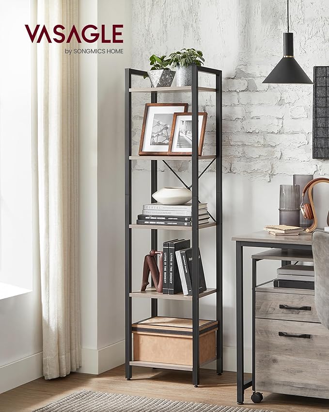 VASAGLE 5-Tier Bookshelf, Bookcase with Steel Frame, Book Shelf for Living Room, Home Office, Study, 11.8 x 15.7 x 60.2 Inches, Industrial Style, Heather Greige and Ink Black ULLS100B02