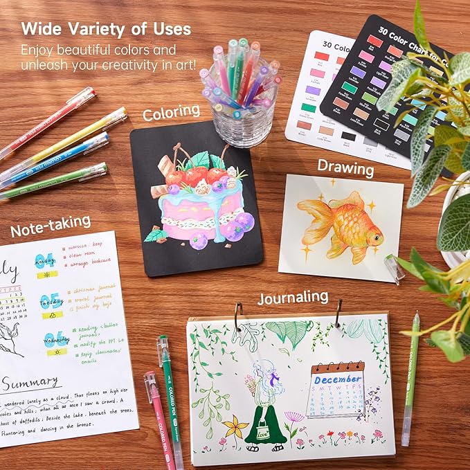 Shuttle Art 30 Colors Cute Journal Pens 0.6mm Fine Point Colored Gel Pens for Black Paper Adult Coloring Writing Drawing Journaling Note Taking School Office Home