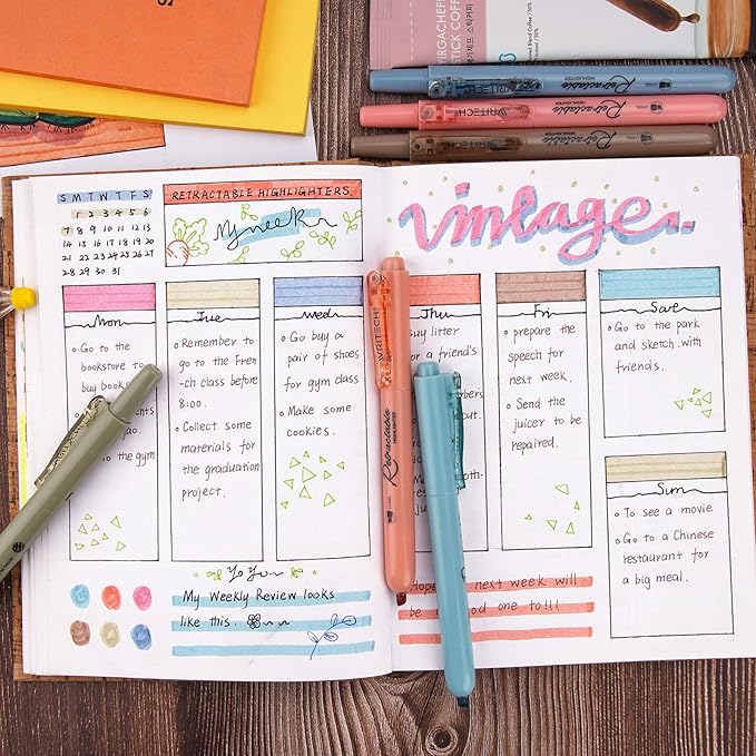 WRITECH Retractable Highlighters Assorted Colors: Chisel Tip Click Aesthetic Highlighter Marker Pens Pack Multi Colored Ink No Bleed Smear for Highlighting Journaling (6ct Vintage)