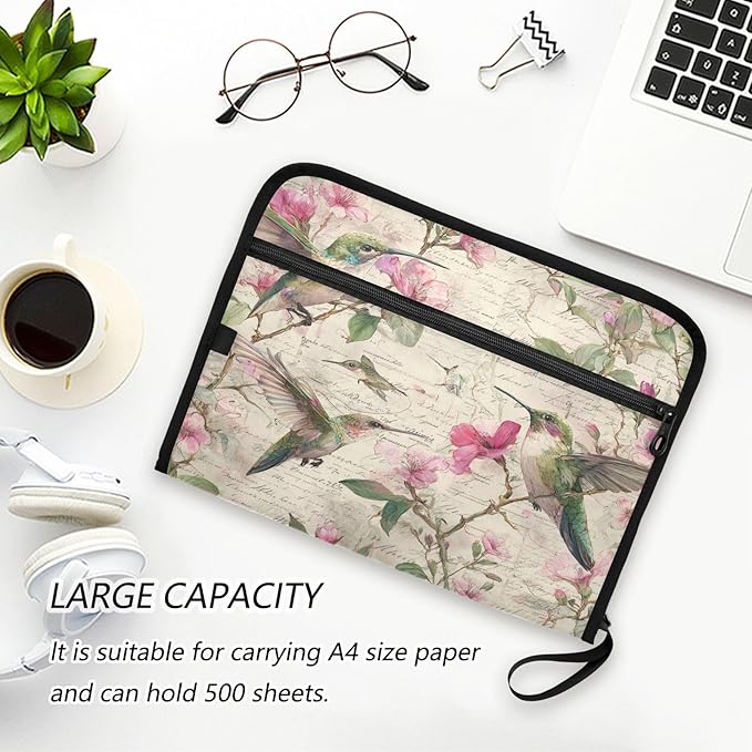 Hummingbird Pink Flowers Expanding File Organizer with 13 Pockets Accordion File Folders with Labels,Portable Document Paper Bill Receipt Organizer,Home College School Office Supplies, Letter