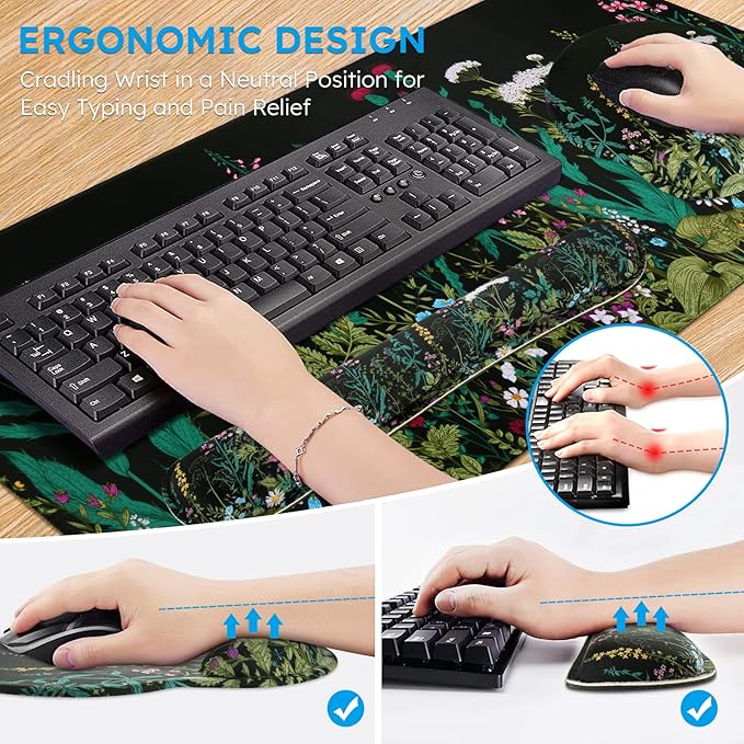 iCasso Large Mouse Pad, Mouse Pad Wrist Support Set,4in1 XXL Large Mousepad + Keyboard Wrist Rest+Mouse Wrist Rest+Coaster Set with Ergonomic Design for Home Office Table Computer-Weeds