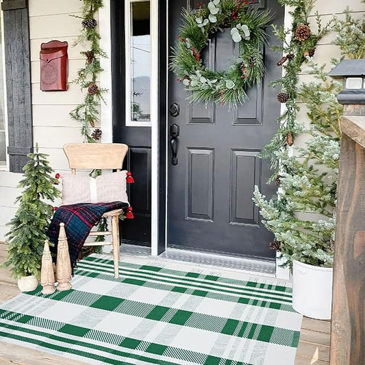 Christmas Plaid Outdoor Rug, 2'4" x 3'7" Green&White Checkered Indoor/Outdoor Area Rug, Layering Rug for Hello/Welcome Door Mat, Machine Washable Cotton Woven Rug for Farmhouse Front Porch,Entryway