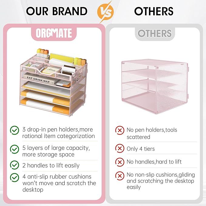 5 Tier Paper Letter Tray with 3 Drop-in Pen Holders, Mesh Desk File Organizer with Handle, Desk Organizers and Accessories for School,Home, Office Supplies Storage-Pink