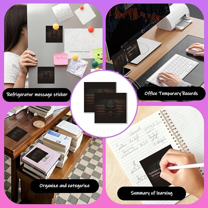 Sticky Notes 3x3 Inches, 2 Pads Cute Colorful Self-Stick Note Pads, Easy to Post for Home, Office and Daily Life Organization Luxuious Skeleton Flag